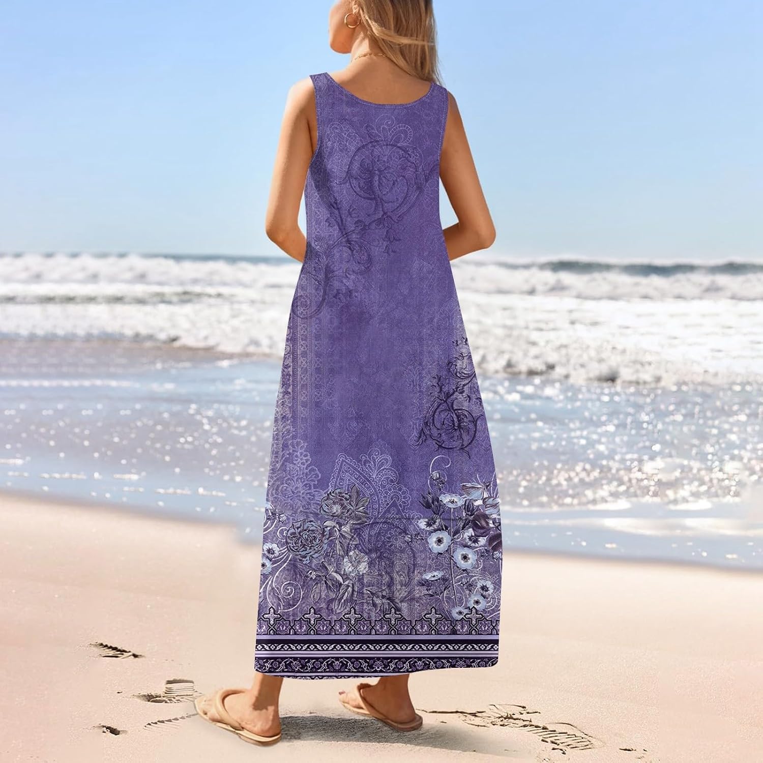 Womens Summer Tank Dress Vacation Boho Floral Long Dresses with Pockets Resort Wear Swing Beach Sleeveless Sundress