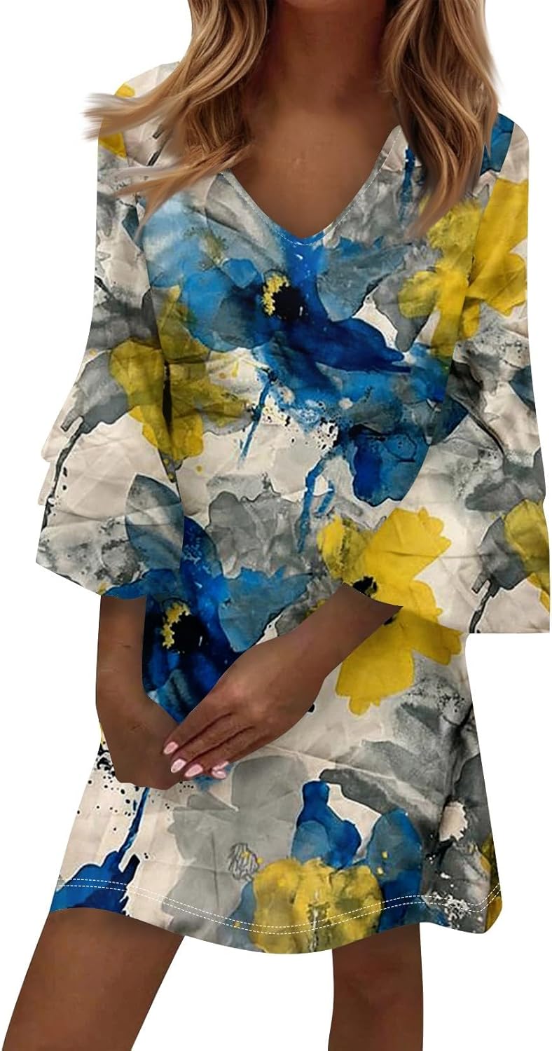 Beach Dresses for Women,2025 Summer Trendy Floral Print Boho Dress,Casual Loose V Neck Bell 3/4 Sleeve Mini Dress