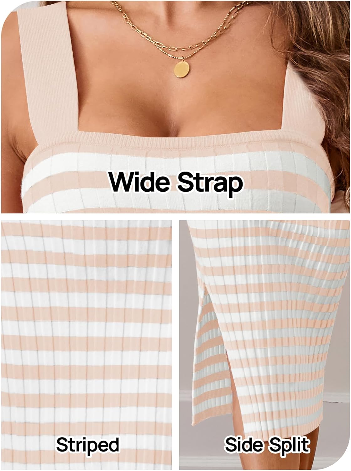 MEROKEETY Women's 2025 Summer Spring Bodycon Midi Dress Vacation Sleeveless Ribbed Knit Striped Party Sweater Dresses