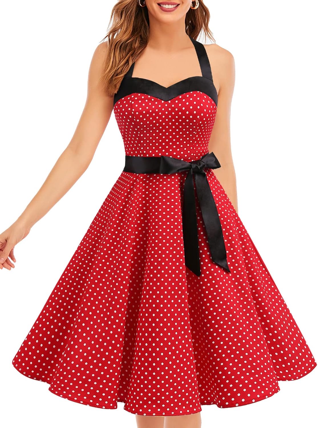 DRESSTELLS Women's Vintage 1950s Cocktail Party Dress Retro Wedding Guest Halter Rockabilly Swing Dresses