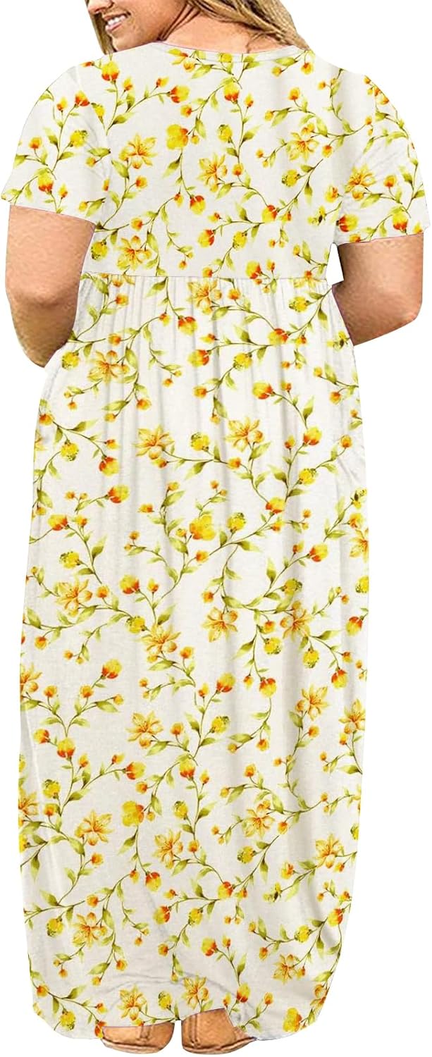 Kancystore Women's Short Sleeve Plus Size Maxi Dress with Pockets Loose Casual Summer Dresses