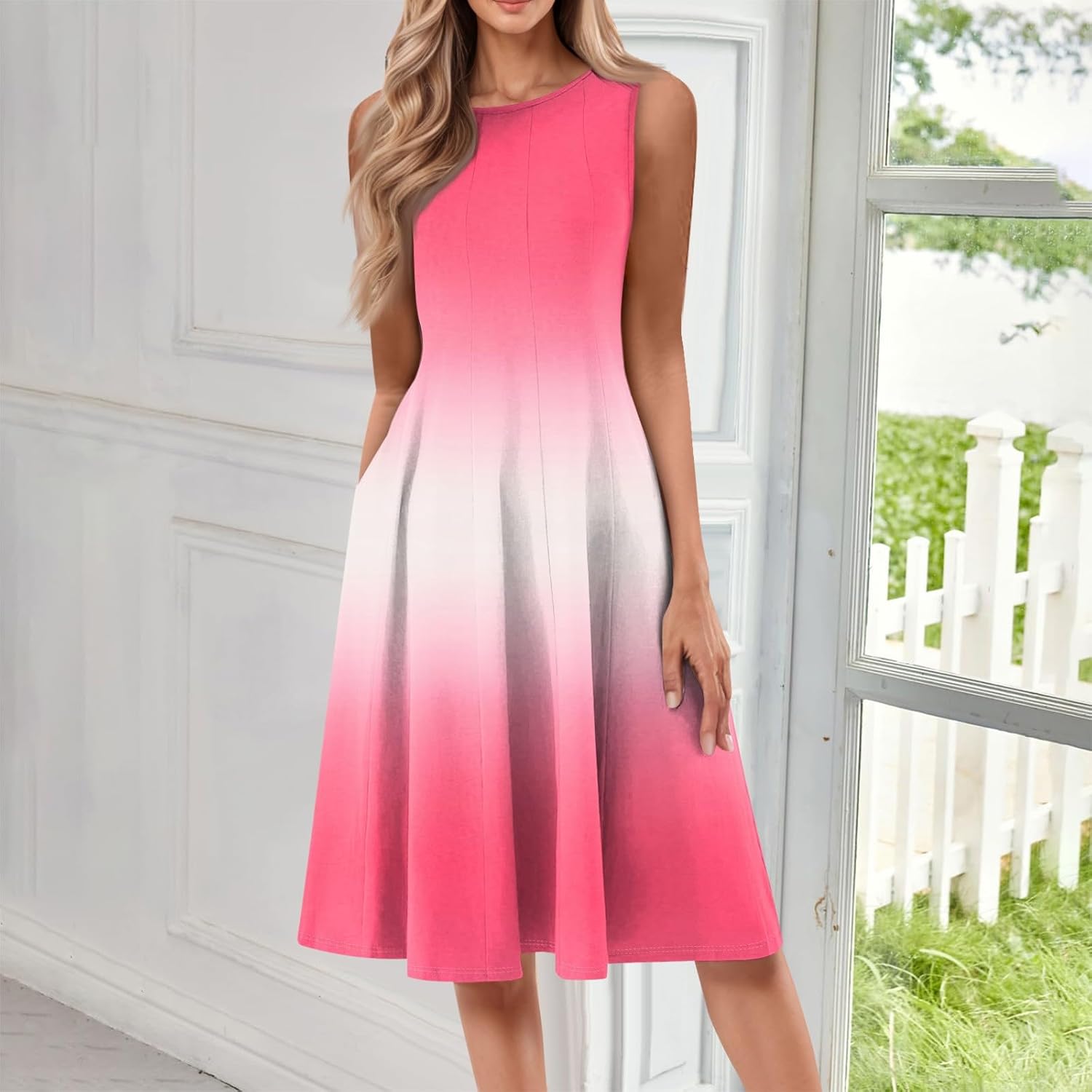 Womens Tank Sundress 2025 Casual Floral Print Tshirt Dress Swing Sleeveless Midi Dress Crewneck Pleated Summer Dresses