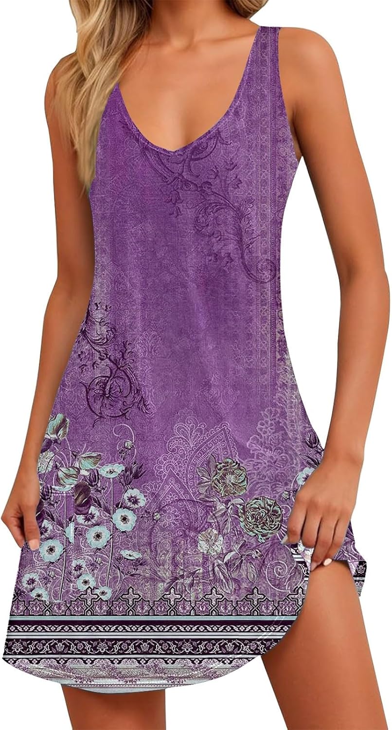 Women's Summer Dresses 2025 Beach Casual Sleeveless Floral Print Boho Tank Dress V Neck Ruffle Dresses