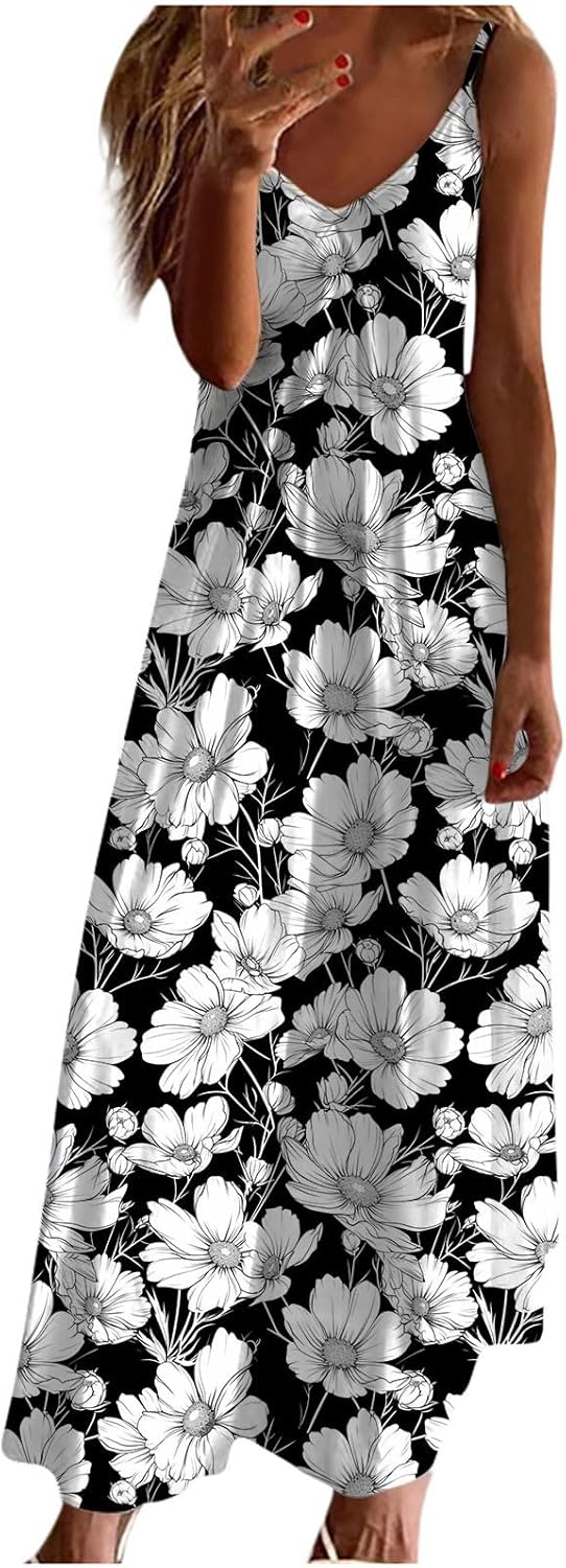 Womens Floral Maxi Dresses Spaghetti Strap Casual Summer Long Dress Vneck Flowy Boho Beach Sundress Vacation Outfits