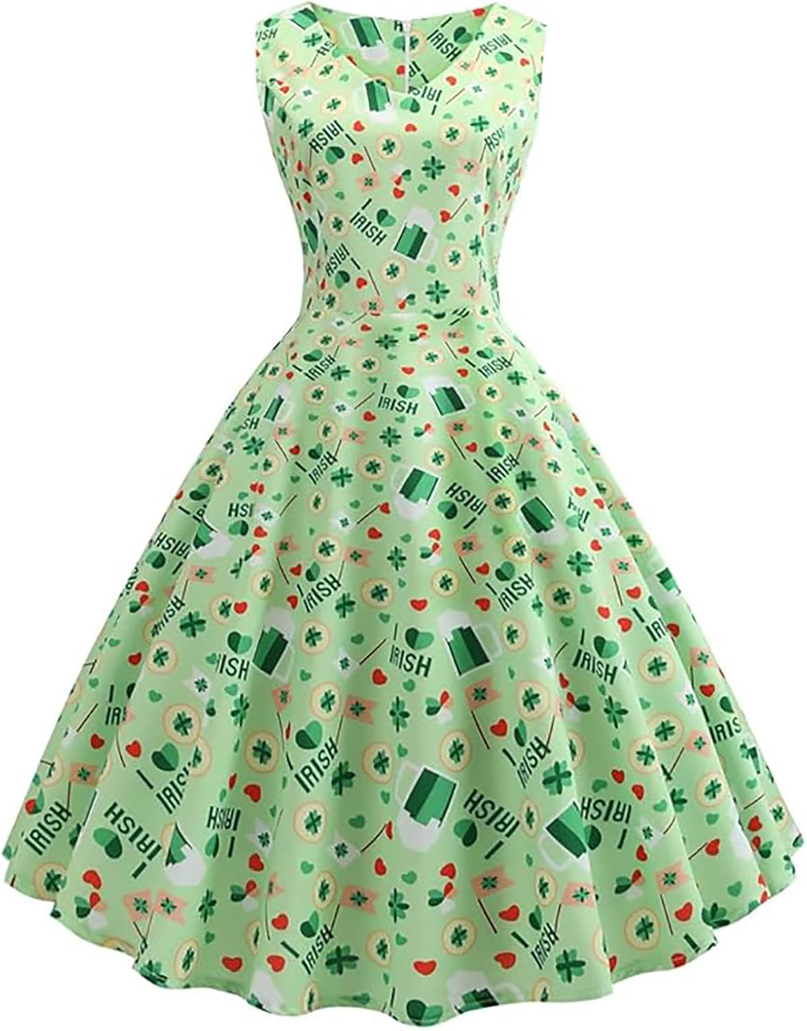 aihihe St Patricks Day Dress for Women A Line Pleated Hepburn Dress Lukcy Shamrock Print Irish Dress 2024 Vintage Dress