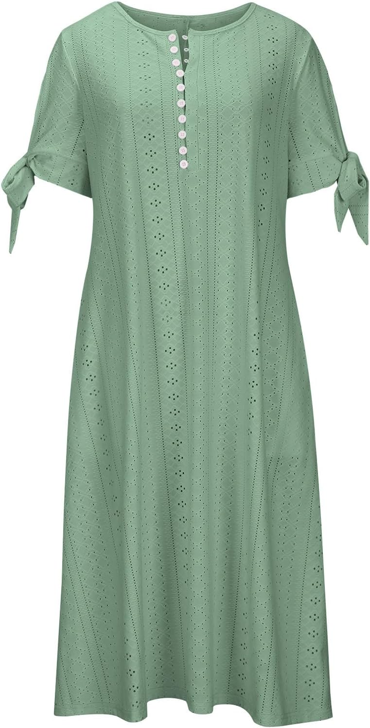 Boho Dresses for Women 2024 Fashion Summer Short Sleeve Eyelet Notch V Neck Sundress Beach Casual Maxi Long Dress