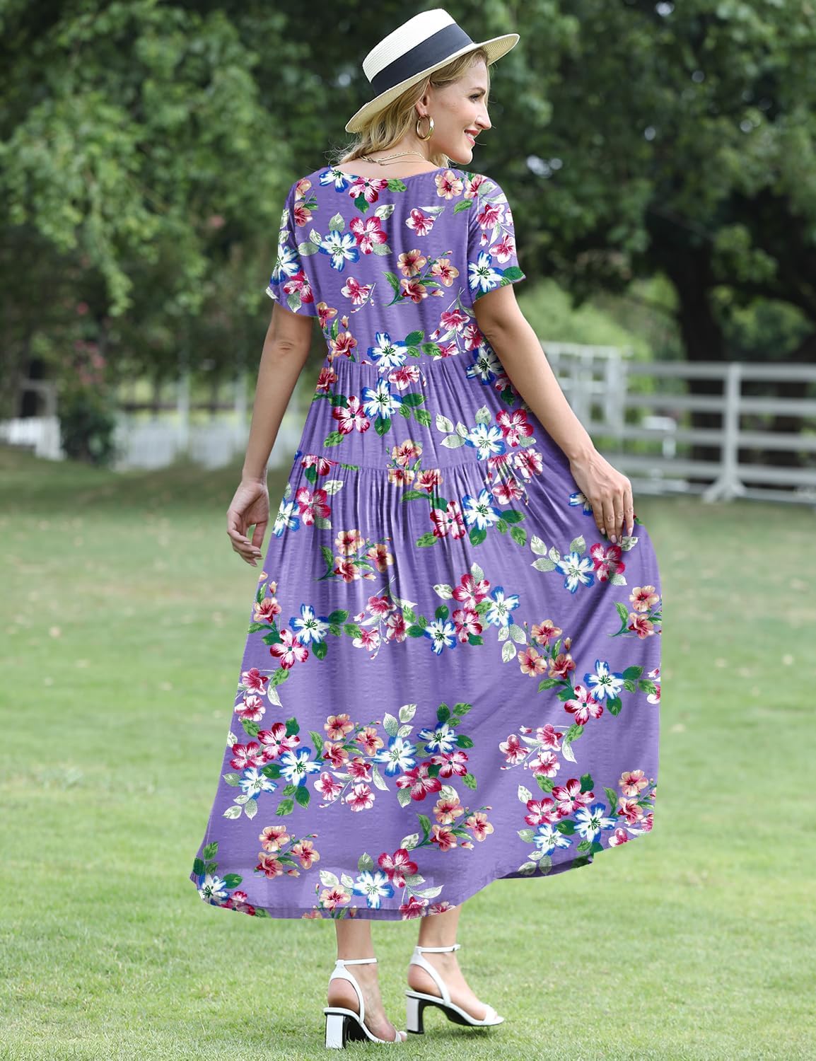 YESNO Women Casual Loose Bohemian Floral Dress with Pockets Short Sleeve Long Maxi Summer Beach Swing Dress EJF
