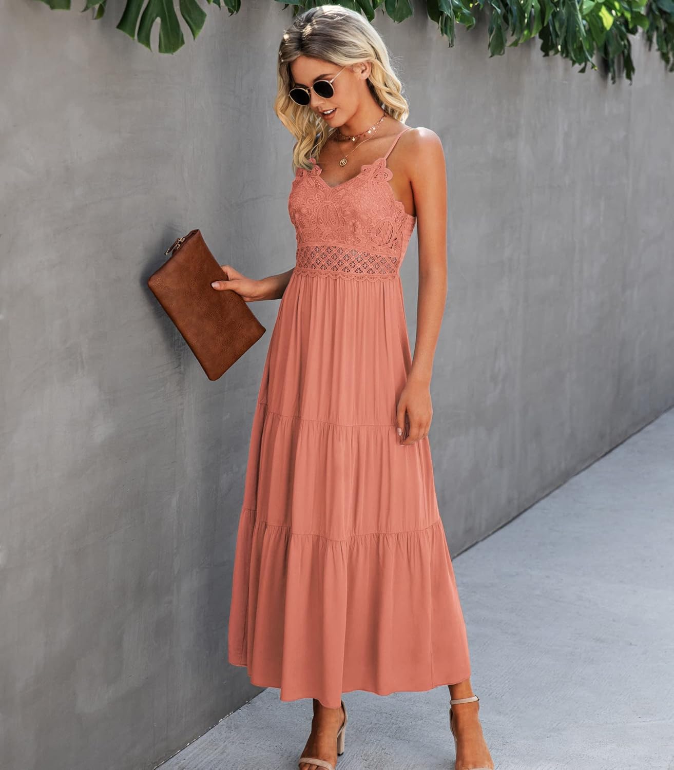 Dokuritu Women's Beach Crochet Lace Maxi Dress Solid Color Summer Vacation Spaghetti Strap Long Dress 2024