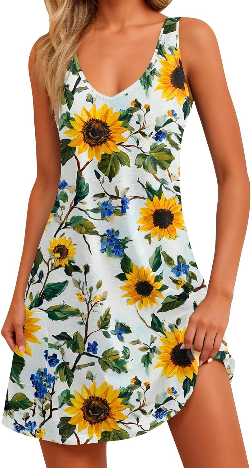 Women's Sleeveless Floral Print Summer Dress Casual V-Neck A-Line Mini Dress for Beach Party and Daily Wear