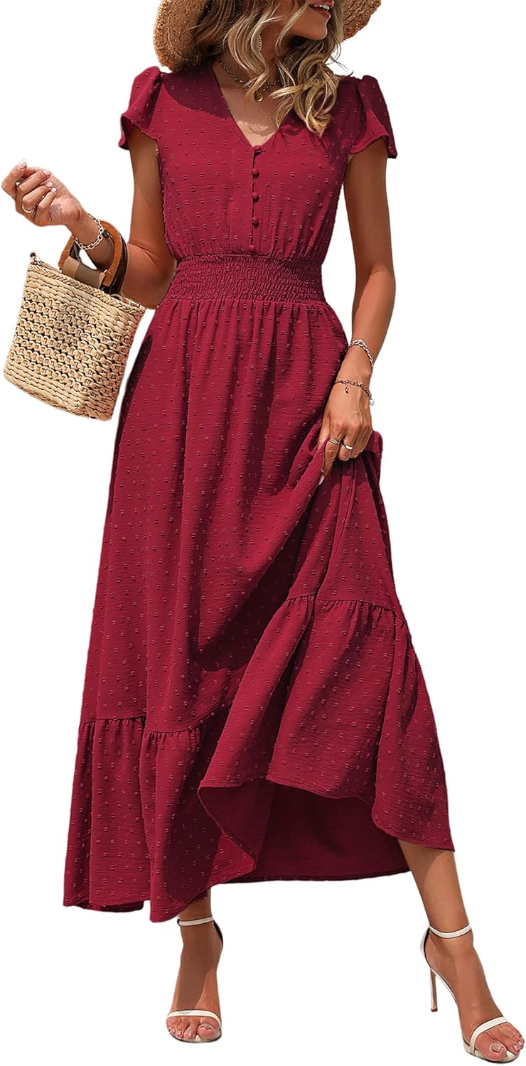 PRETTYGARDEN Womens Dresses 2025 Summer Maxi Dress Boho Short Sleeve V Neck Swiss Dot Ruffle Tiered Smocked Flowy Long Dress