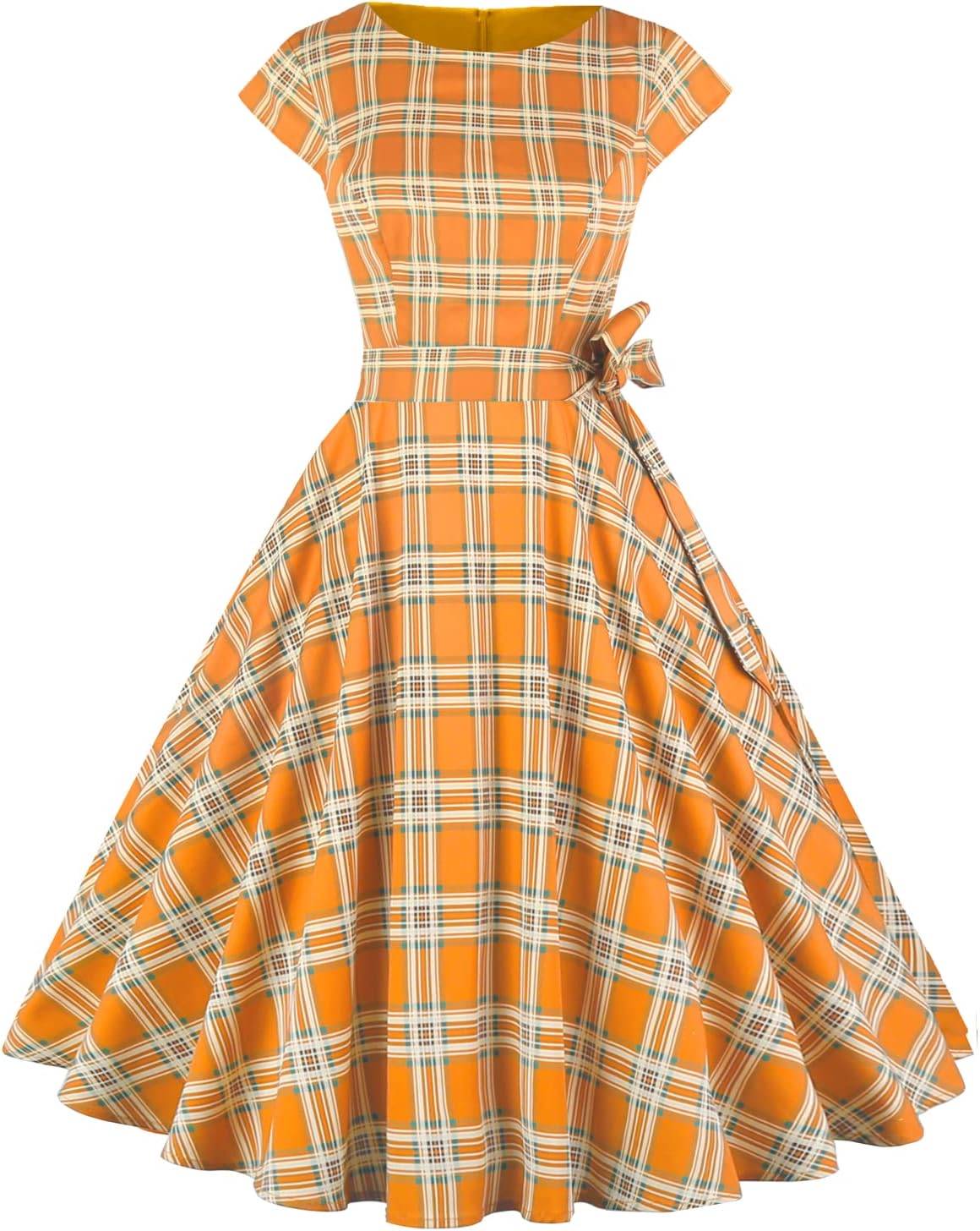 PUKAVT Women's 1950 Boatneck Cap Sleeve Vintage Swing Cocktail Party Dress with Pockets