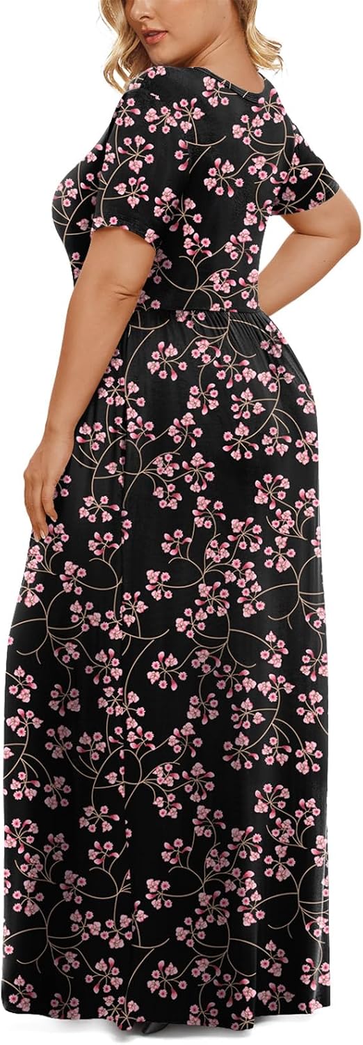 LONGYUAN Women's Plus Size Maxi Dresses for Curvy Women Summer Short Sleeve Casual 2025 Long Dress XL-6XL