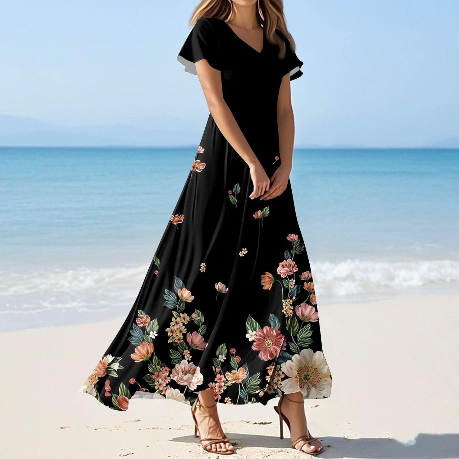 Womens Fashion V Neck Ruffle Short Sleeve Maxi Dress 2025 Summer Elegant Solid Color Flowy A Line Dresses