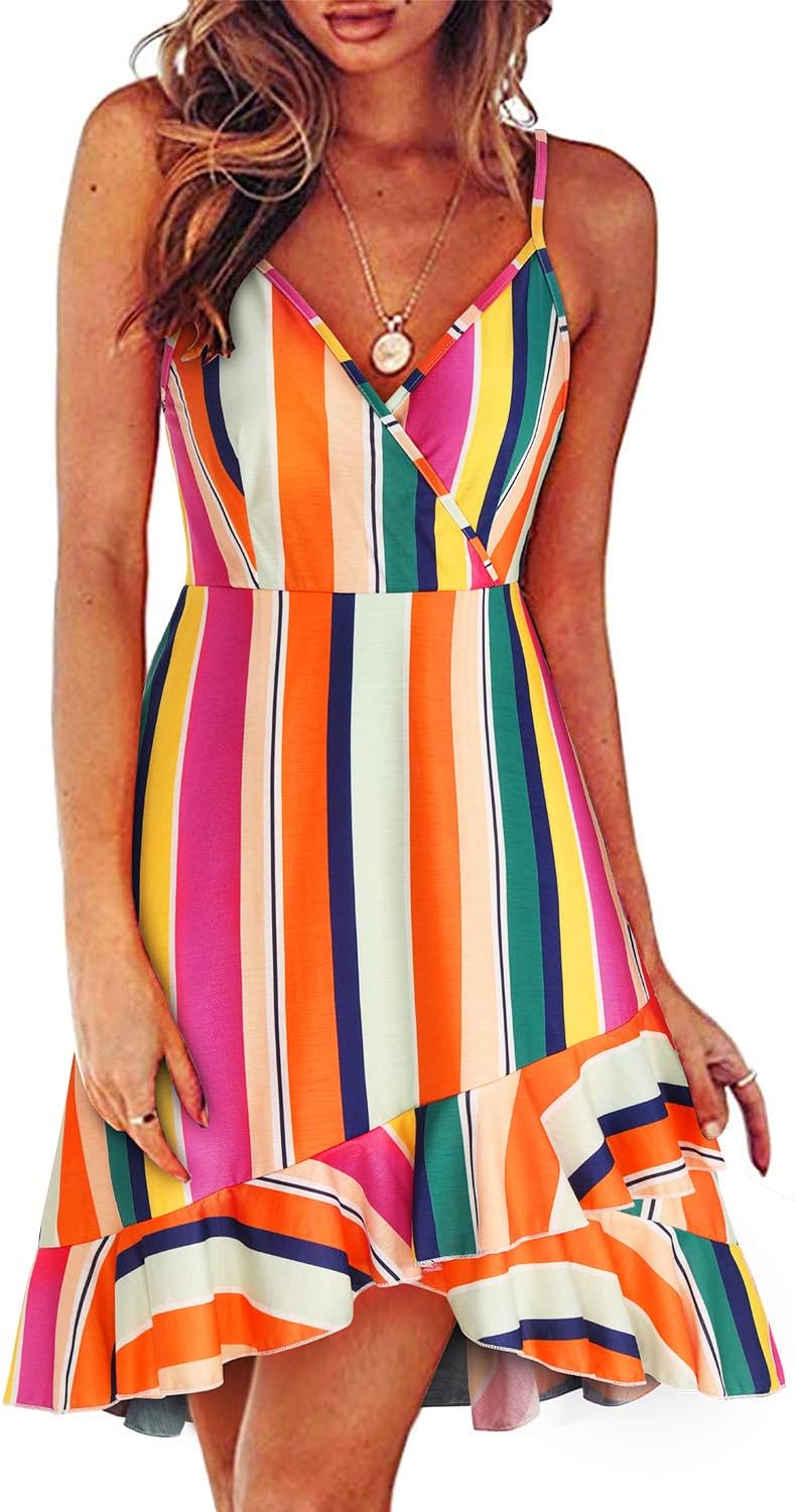 ULTRANICE Womens Summer Dresses Floral V Neck Ruffled Hem Spaghetti Spring Casual Beach Outfits Flowy Wrap Sun Dress