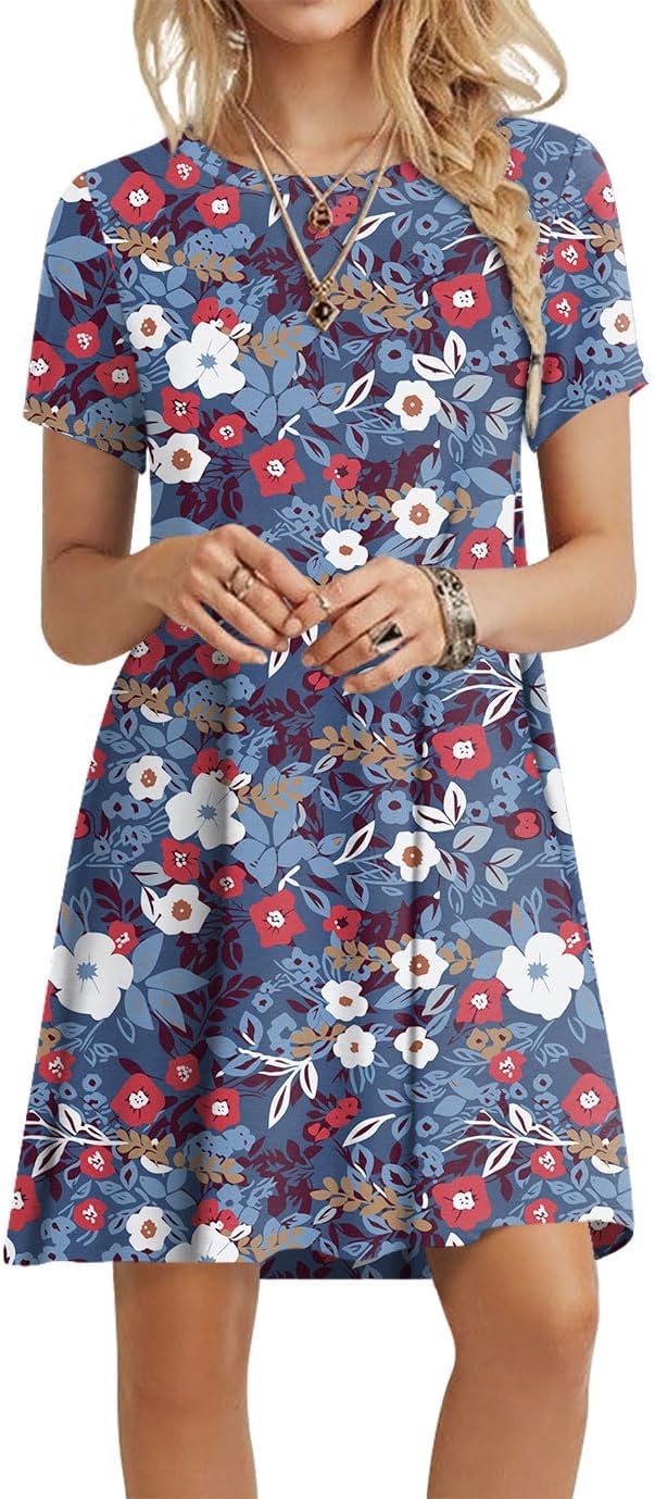 POPYOUNG 2025 Women's Summer Casual T-Shirt Dresses Crew Neck Beach Cover Up Sun Dress