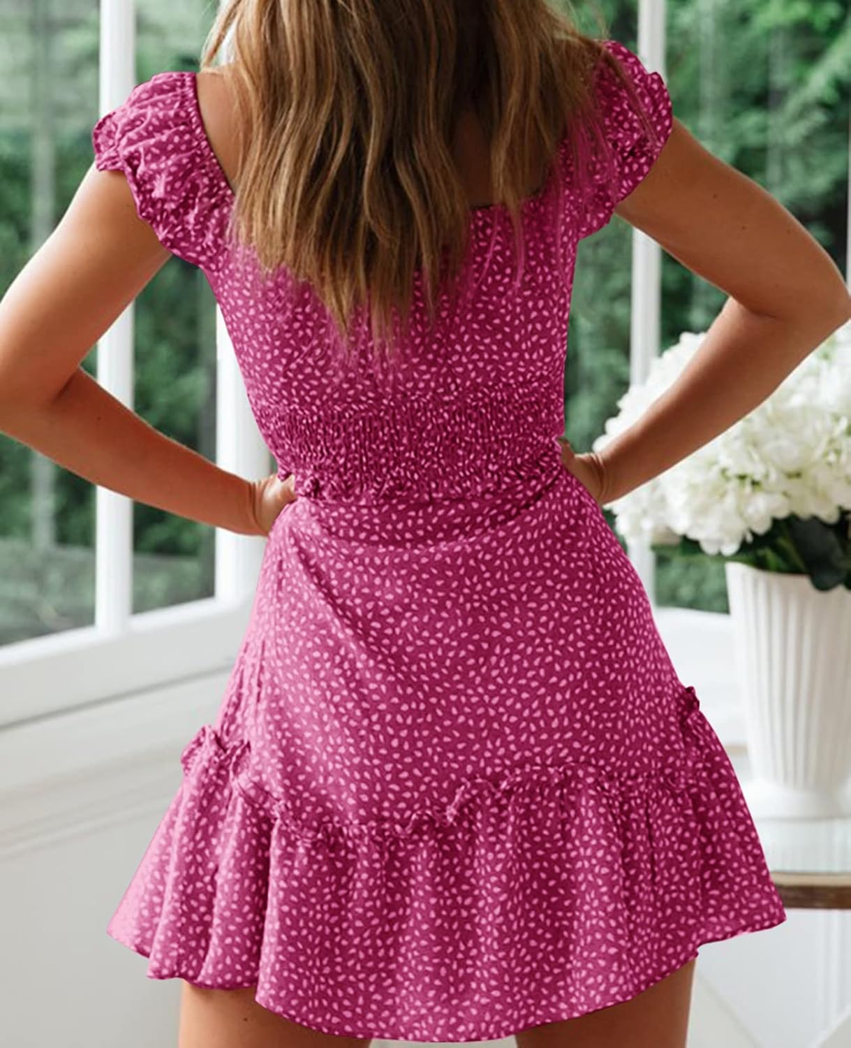 YOBECHO Women's Summer Ruffle Sleeve Sweetheart Neckline Printing Dress Mini Dress