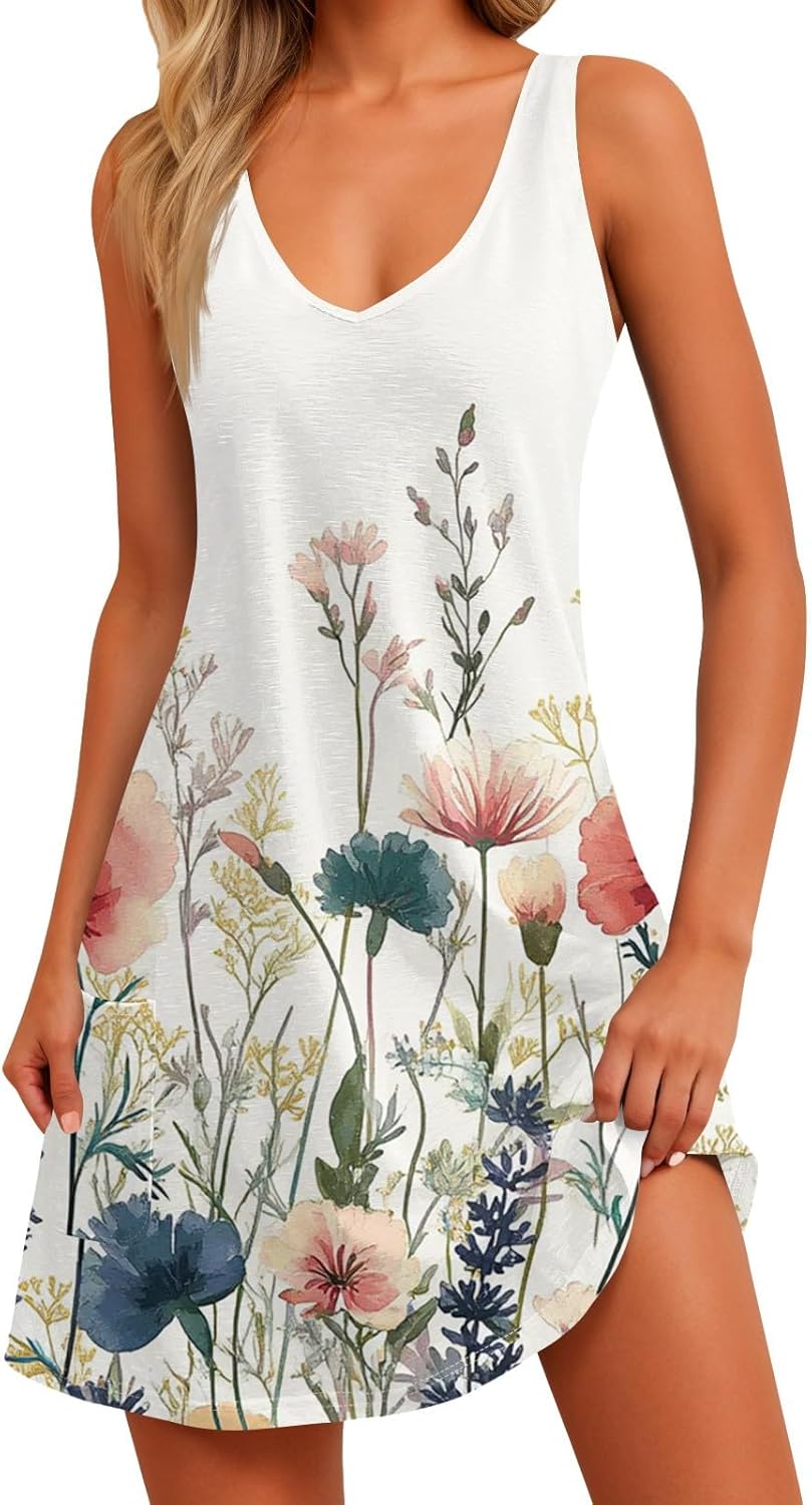 Women's Sleeveless Floral Print Summer Dress Casual V-Neck A-Line Mini Dress for Beach Party and Daily Wear