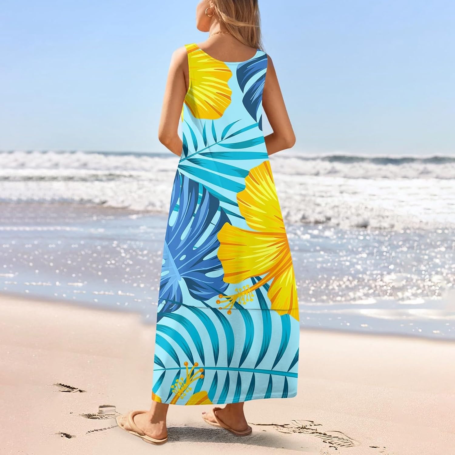 Womens Summer Tank Dress Vacation Boho Floral Long Dresses with Pockets Resort Wear Swing Beach Sleeveless Sundress