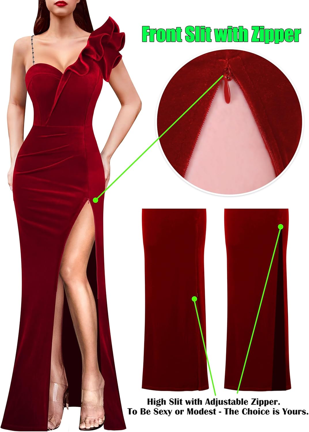 VFSHOW Womens Ruffle One Shoulder Strap Ruched Formal Prom Wedding Maxi Dress V Neck Elegant Split Cocktail Evening Long Gown