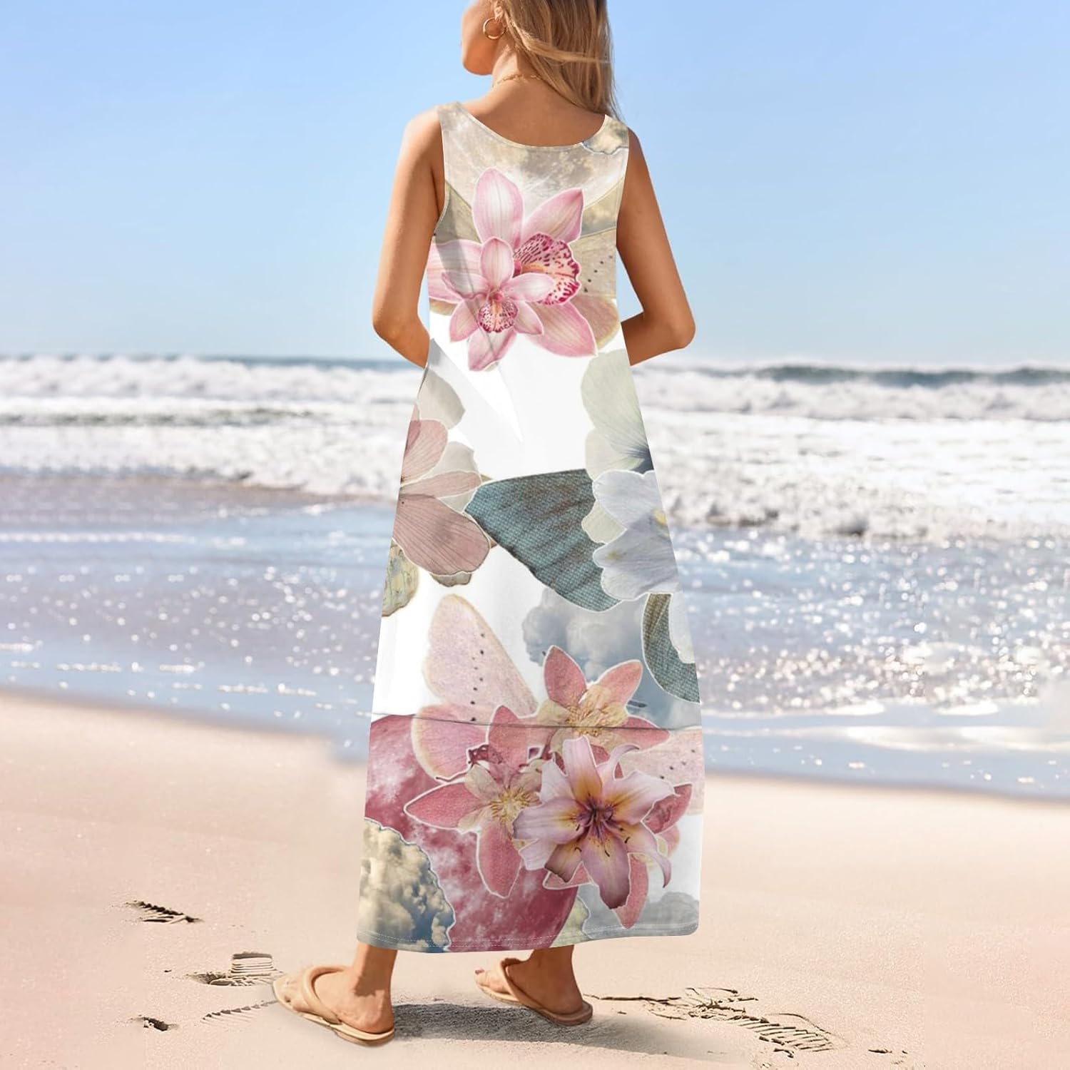 Womens Summer Tank Dress Vacation Boho Floral Long Dresses with Pockets Resort Wear Swing Beach Sleeveless Sundress