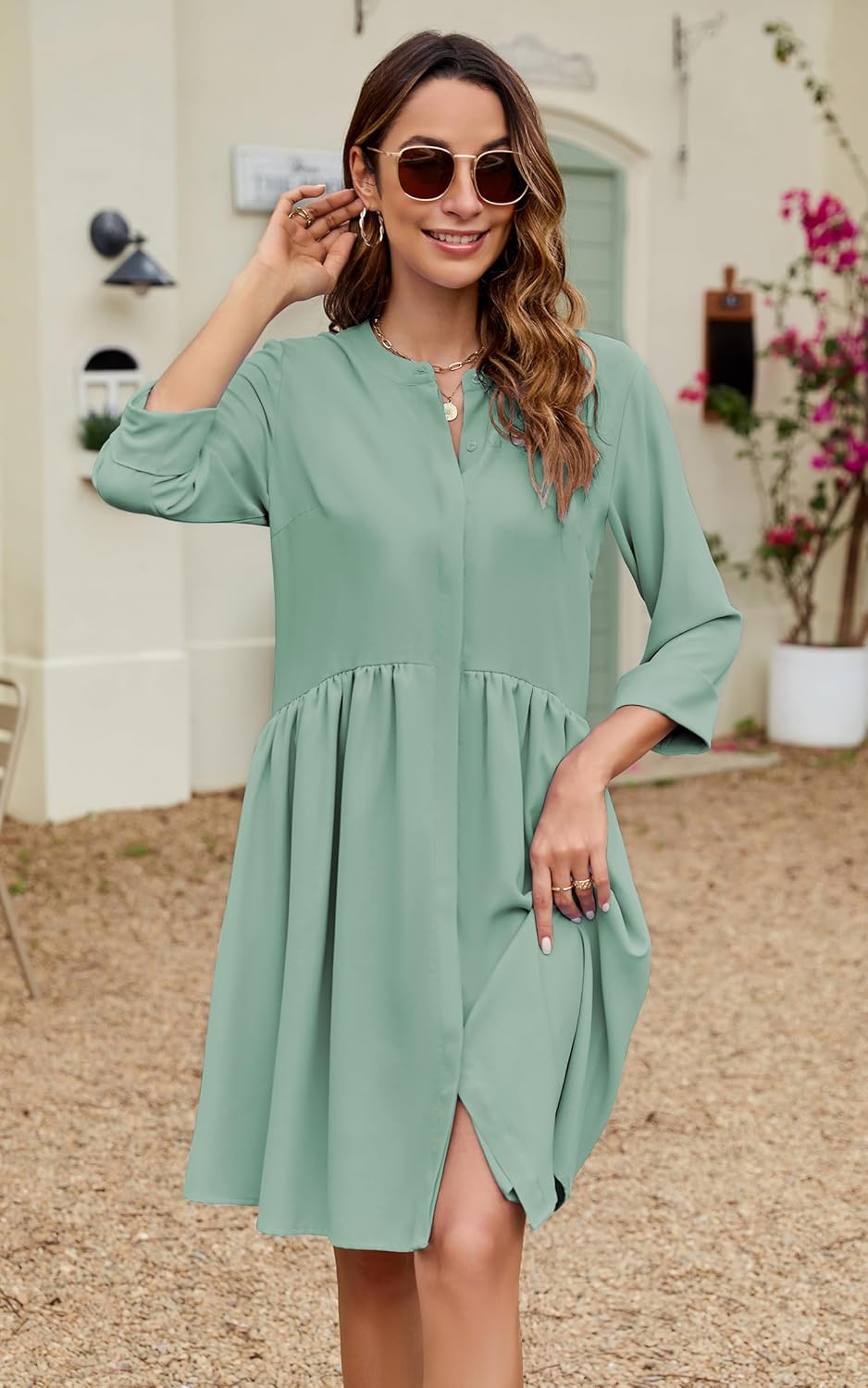 CCTOO Women's Summer Dresses Casual V Neck Button Down 3/4 Sleeve Floral Print Loose Flowy Shirt Dress