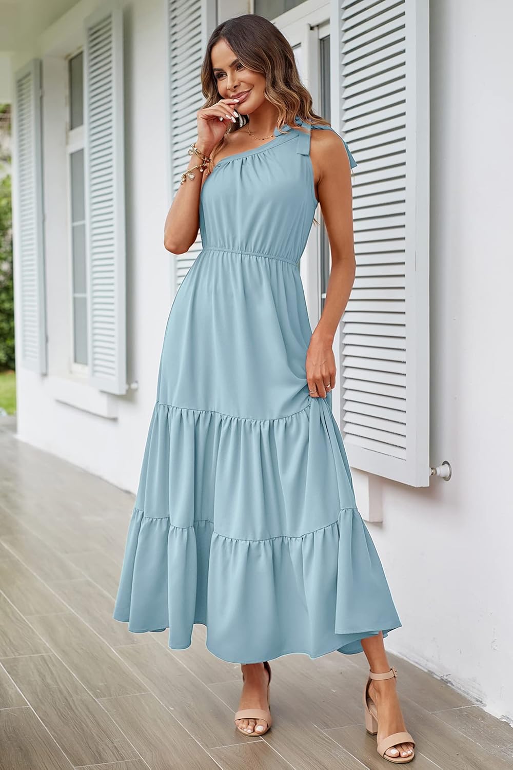 PRETTYGARDEN Women's Summer Floral Maxi Dress Knot One Shoulder Sleeveless Ruffle Flowy Boho Beach Wedding Guest Dresses