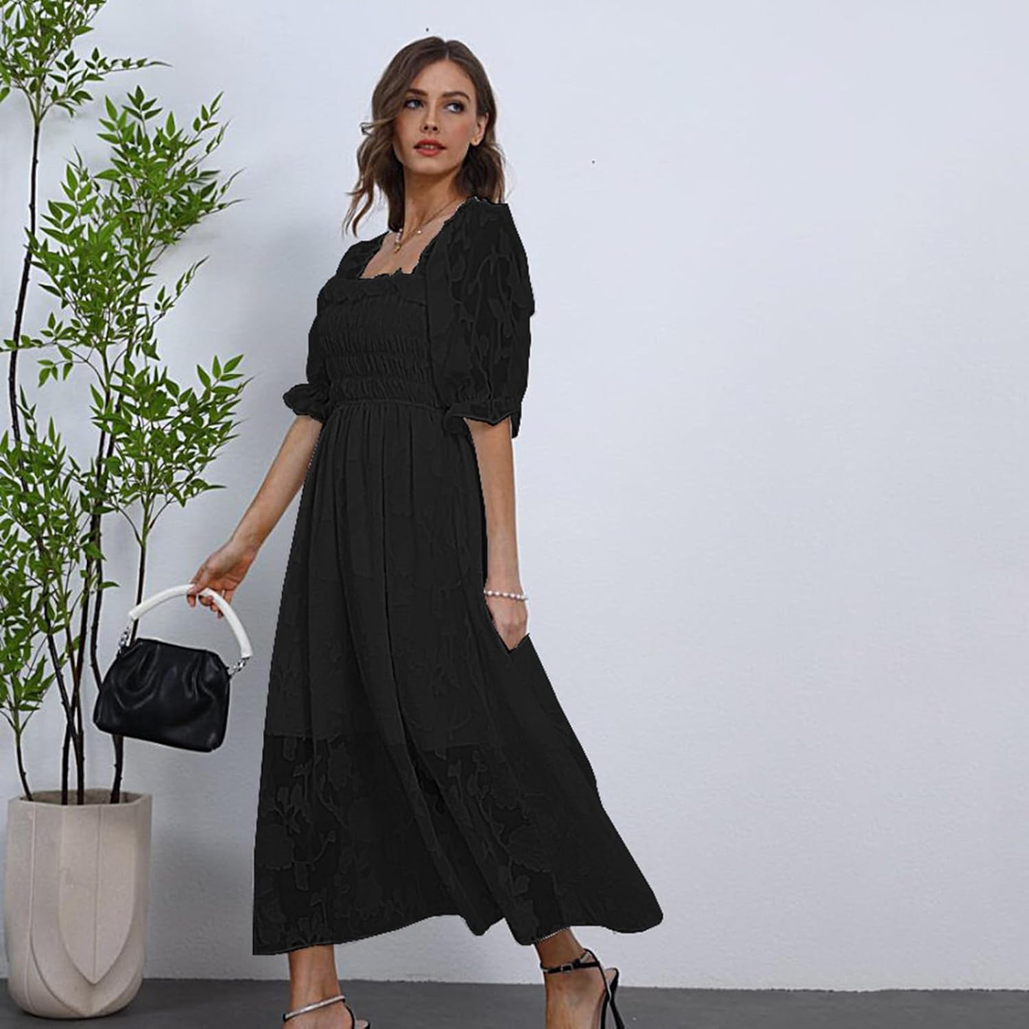 Women Floral Easter Spring Summer Dress Square Neck Chiffon Boho 2025 Maxi Long Wedding Guest Bridal Shower Dresses