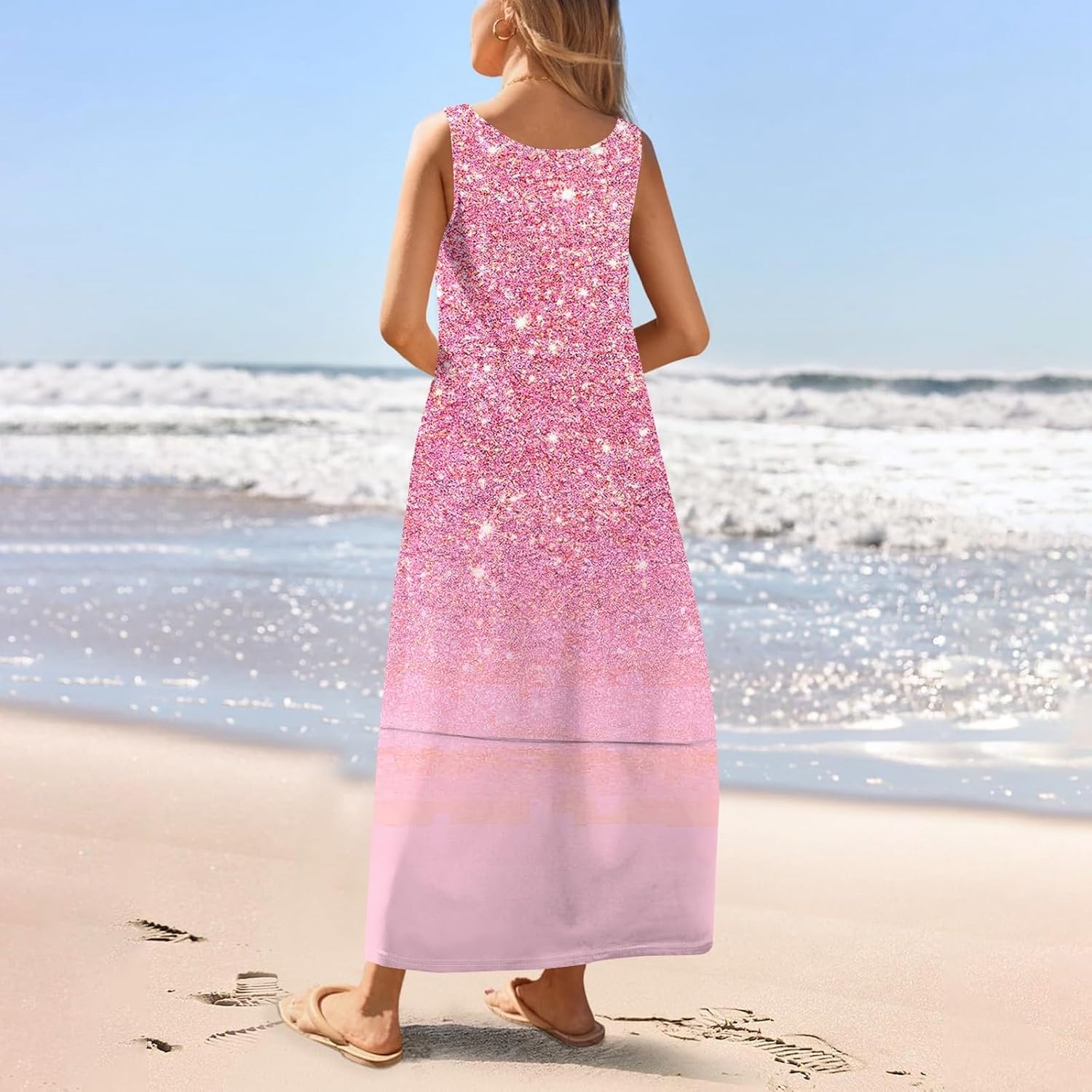 Womens Summer Tank Dress Vacation Boho Floral Long Dresses with Pockets Resort Wear Swing Beach Sleeveless Sundress