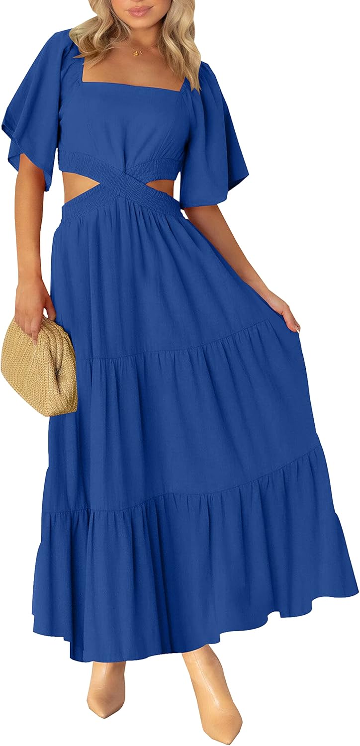 LEANI Women's 2025 Summer Cutout Maxi Dress Square Neck Short Sleeve Crossover Waist Casual Party Dresses
