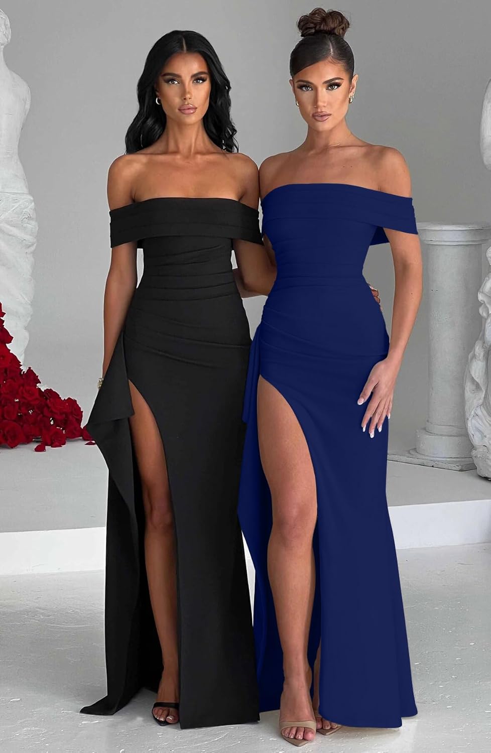 LAGSHIAN Women's Elegant Bodycon Off Shoulder Sleeveless High Split Ruched Long Formal Evening Dress