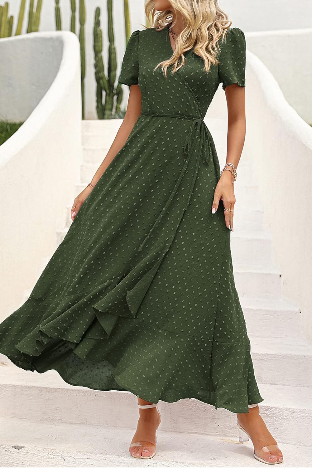 PRETTYGARDEN Women's Summer Wrap Maxi Dress Casual Short Sleeve Floral Boho V Neck Split Ruffle Beach Long Dresses