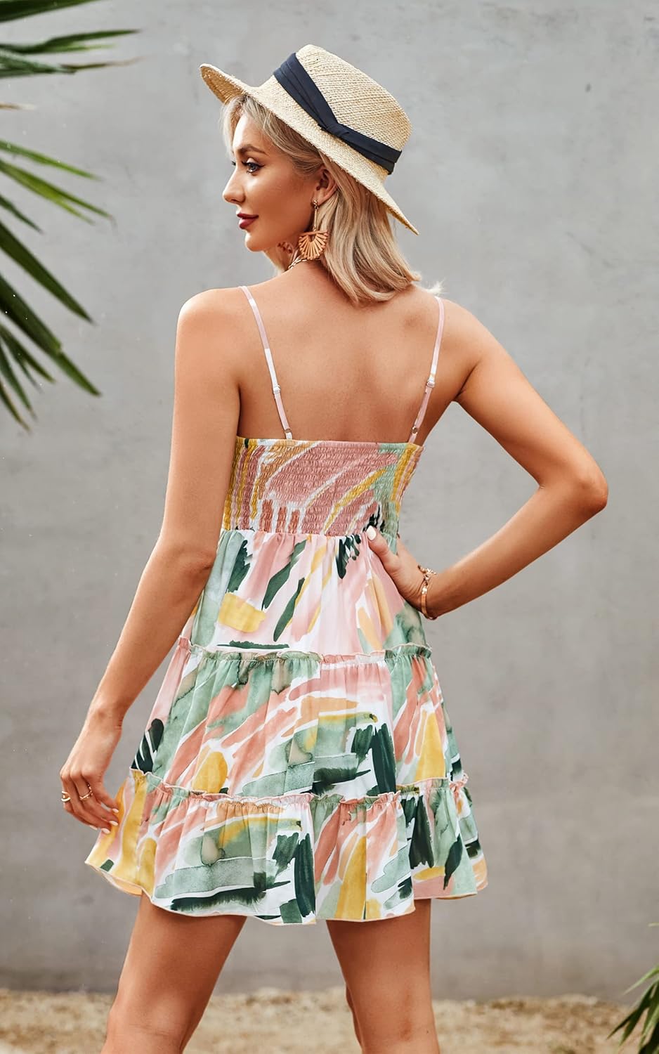 ECOWISH Summer Dresses for Women 2025 V-Neck Spaghetti Strap Bowknot Backless Sleeveless Lace Mini Swing Skater Dress