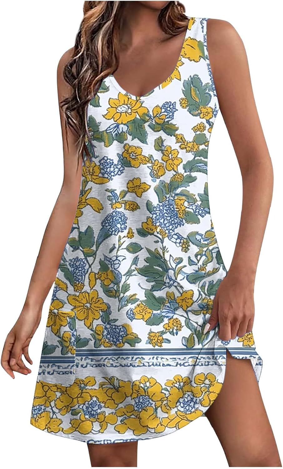 Womens 2025 Spring Summer Dresses Casual Floral Print V-Neck Tank Dress Curve Hem Pleated A-Line Sundresses