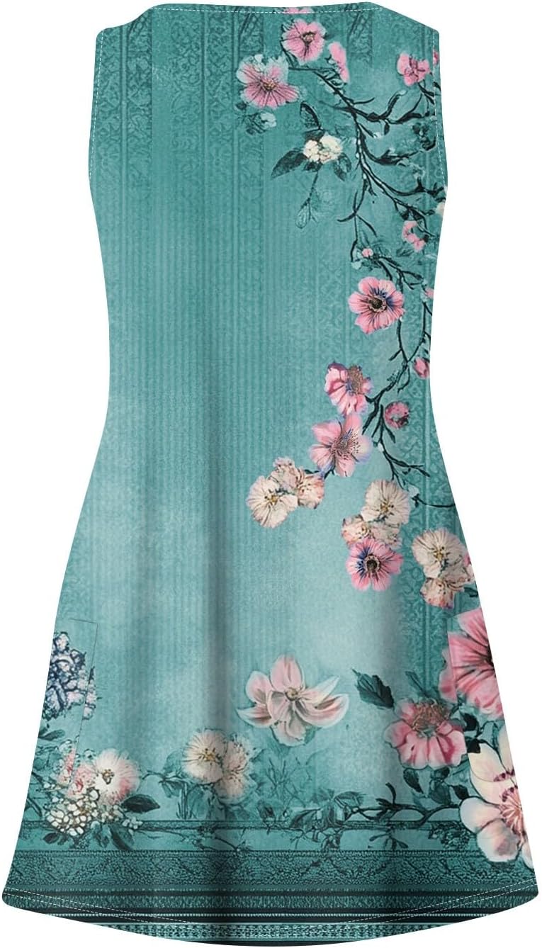 Women's Sleeveless Floral Print Summer Dress Casual V-Neck A-Line Mini Dress for Beach Party and Daily Wear