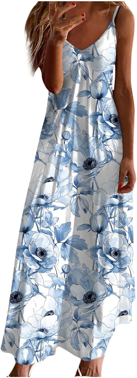 Womens Floral Maxi Dresses Spaghetti Strap Casual Summer Long Dress Vneck Flowy Boho Beach Sundress Vacation Outfits