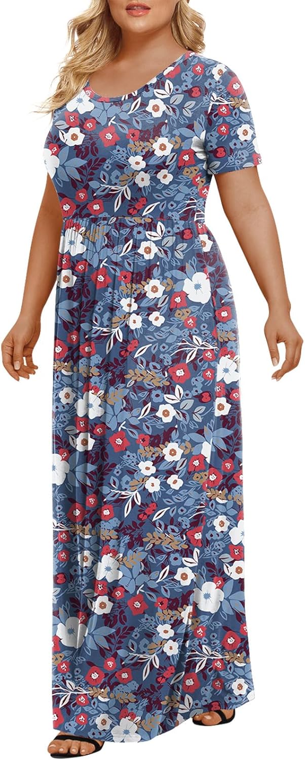 LONGYUAN Women's Plus Size Maxi Dresses for Curvy Women Summer Short Sleeve Casual 2025 Long Dress XL-6XL