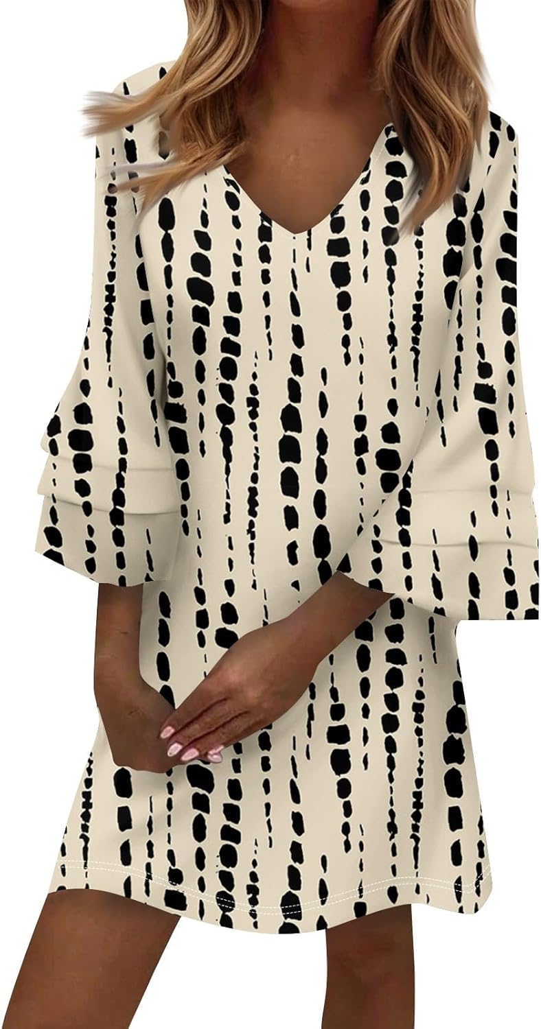 Beach Dresses for Women,2025 Summer Trendy Floral Print Boho Dress,Casual Loose V Neck Bell 3/4 Sleeve Mini Dress