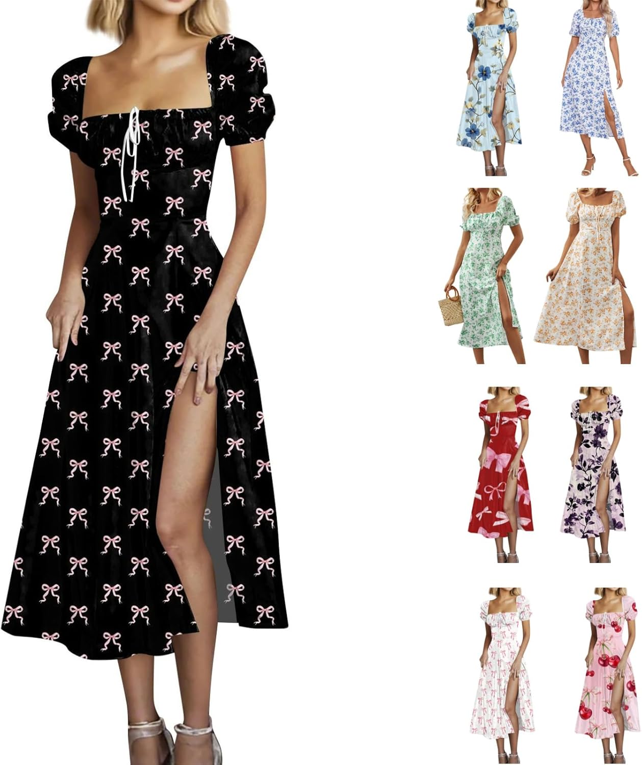 Women's Sundresses 2025 Summer Casual Loose Trendy Bubble Sleeve Square Neck Split Bow Floral Print Dress Plus Size, XS-3XL