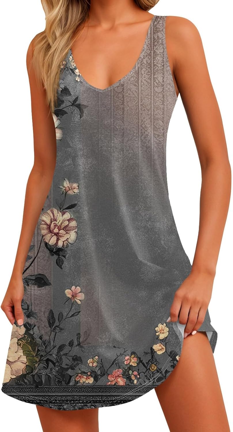 Women's Sleeveless Floral Print Summer Dress Casual V-Neck A-Line Mini Dress for Beach Party and Daily Wear