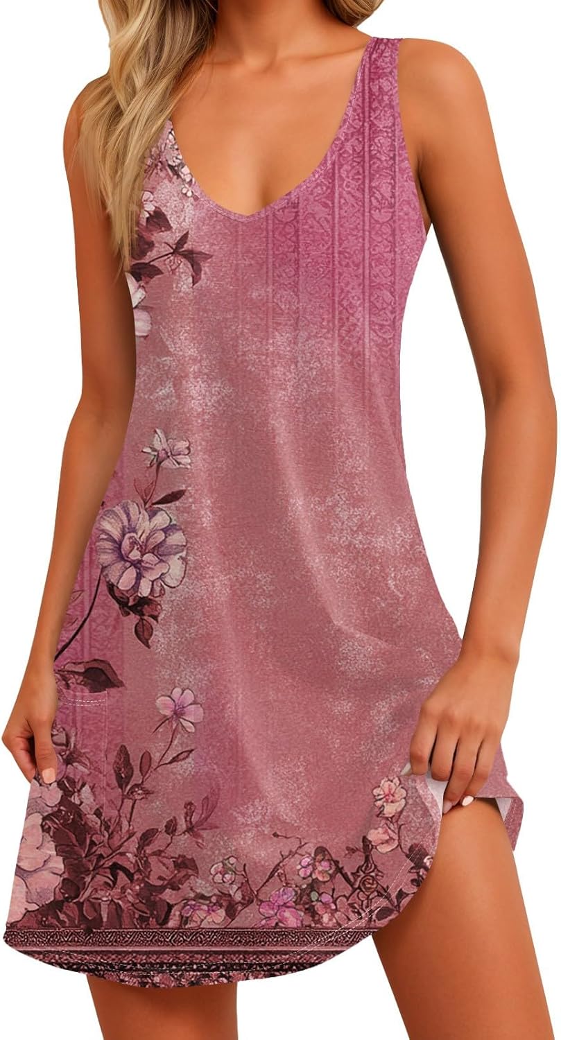 Women's Sleeveless Floral Print Summer Dress Casual V-Neck A-Line Mini Dress for Beach Party and Daily Wear