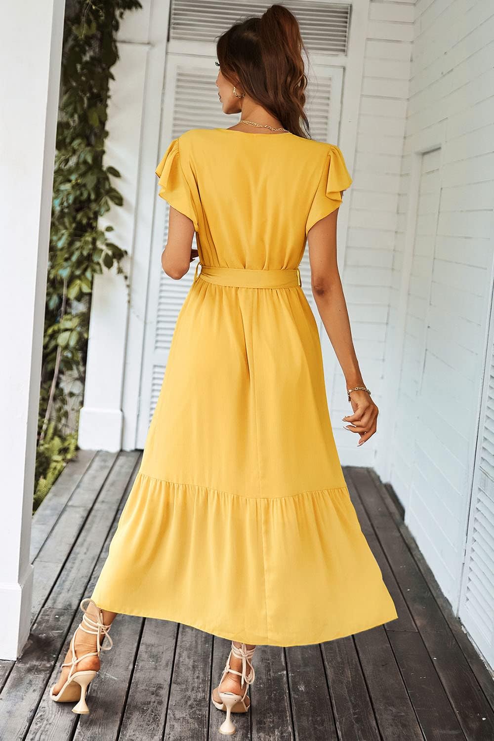 PRETTYGARDEN Women's Summer Floral Boho Dress Wrap V Neck Short Sleeve Ruffle A-Line Flowy Maxi Wedding Guest Dresses