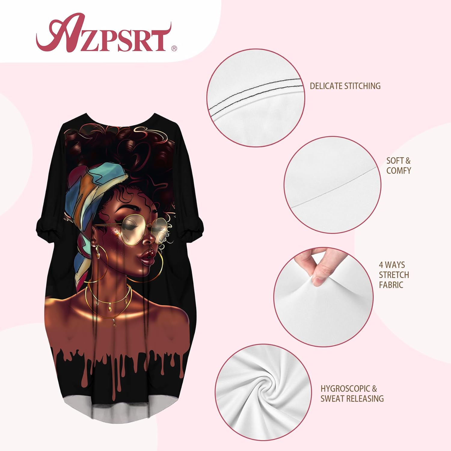 AZPSRT Fashion Women's African American Art Print Dress Casual Loose Dresses