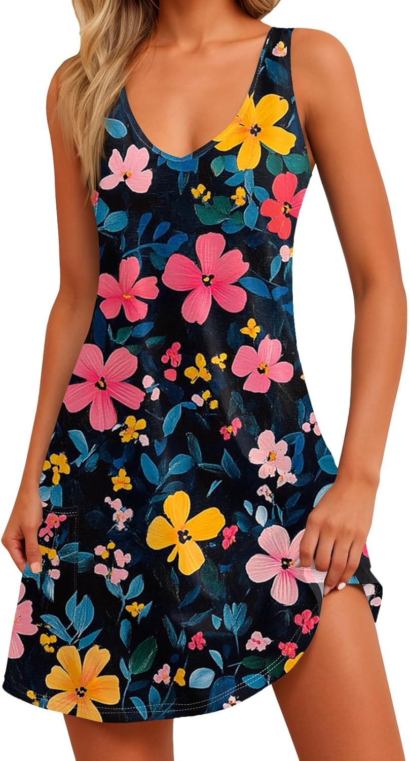 Women's Sleeveless Floral Print Summer Dress Casual V-Neck A-Line Mini Dress for Beach Party and Daily Wear