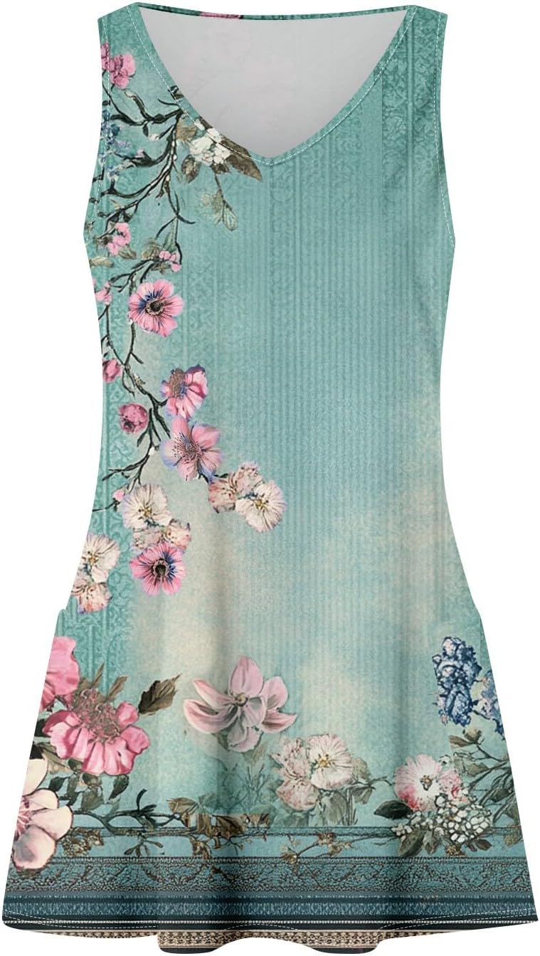 Women's Sleeveless Floral Print Summer Dress Casual V-Neck A-Line Mini Dress for Beach Party and Daily Wear