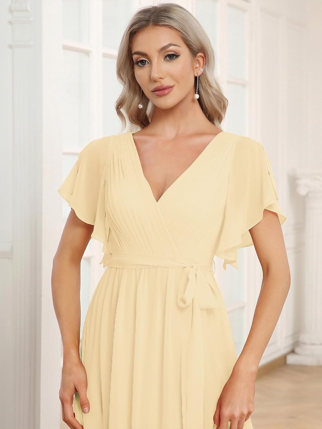 Ever-Pretty Women's Bridesmaid Dress V-Neck Ruffle Sleeves Ruched Bust Floor Length Chiffon Formal Dresses 0164A