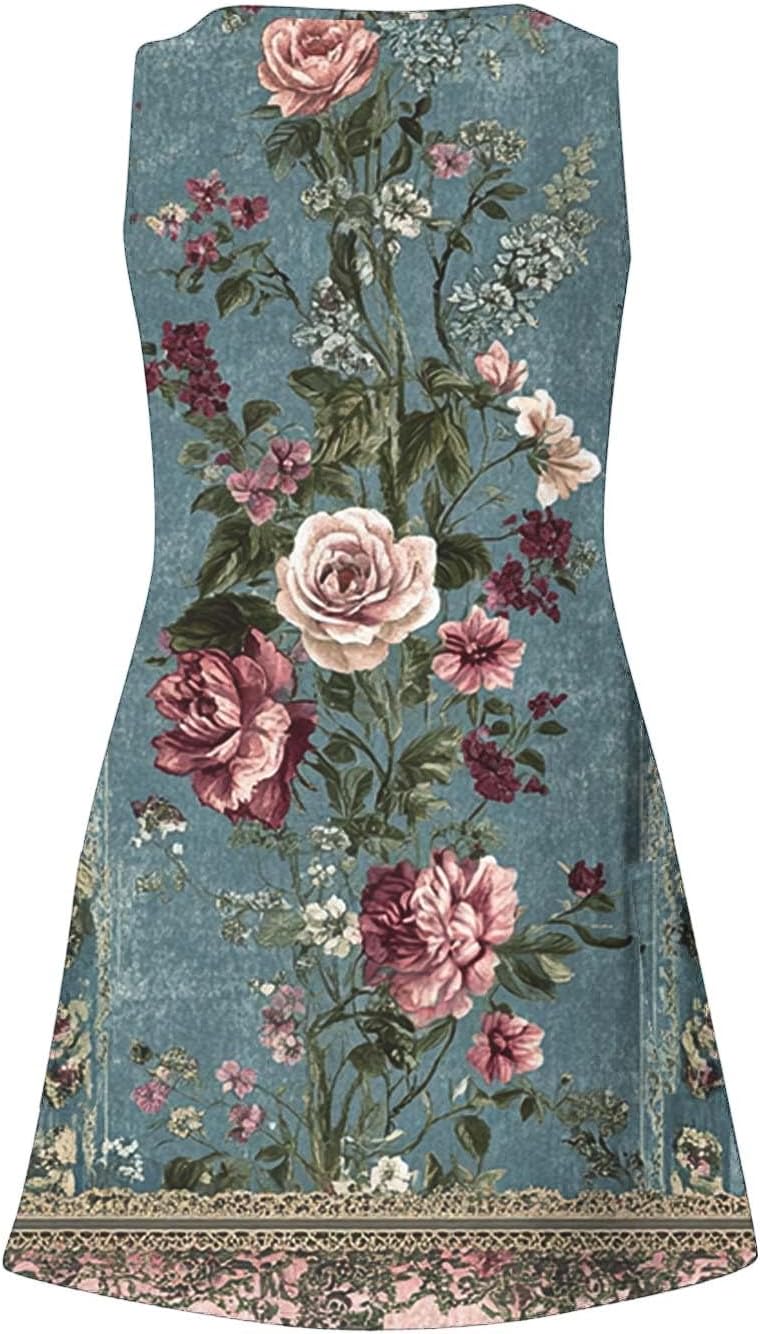 Womens 2025 Spring Summer Dresses Casual Floral Print V-Neck Tank Dress Curve Hem Pleated A-Line Sundresses