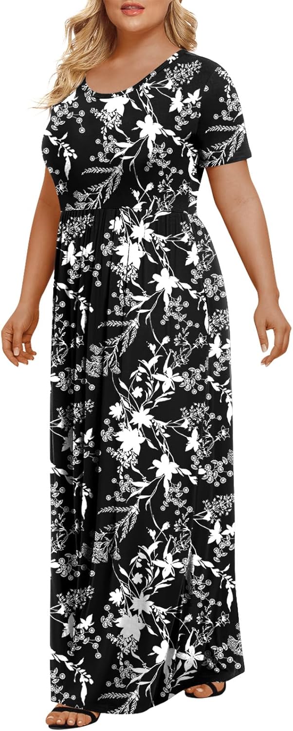 LONGYUAN Women's Plus Size Maxi Dresses for Curvy Women Summer Short Sleeve Casual 2025 Long Dress XL-6XL