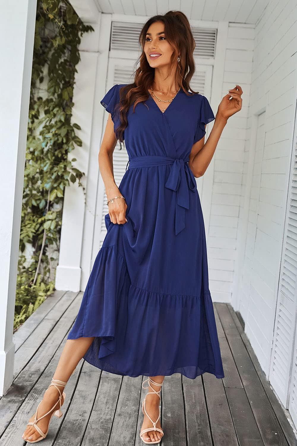 PRETTYGARDEN Women's Summer Floral Boho Dress Wrap V Neck Short Sleeve Ruffle A-Line Flowy Maxi Wedding Guest Dresses