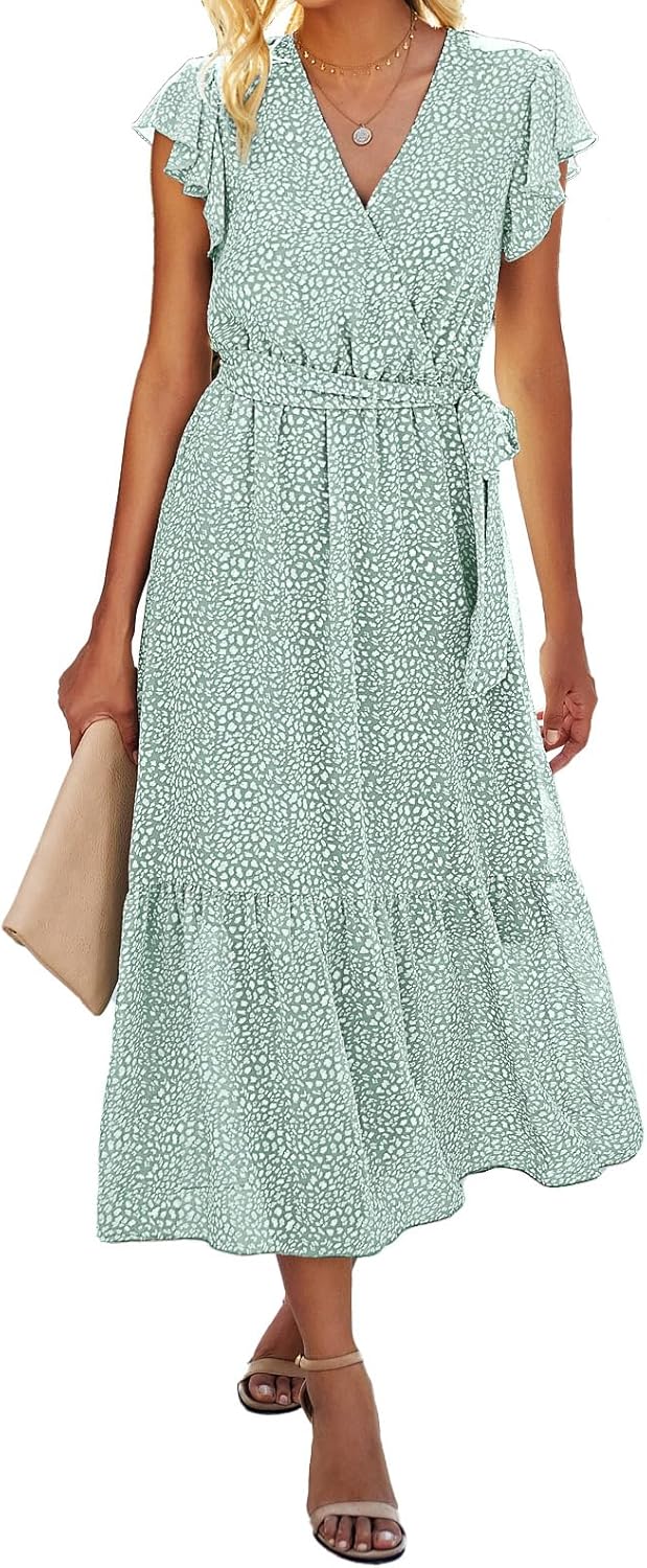 BTFBM Women Summer Bohemian Floral Casual Wrap V Neck Ruffle Cap Sleeveless Belt A-Line Pleated Hem Midi Sun Dress White