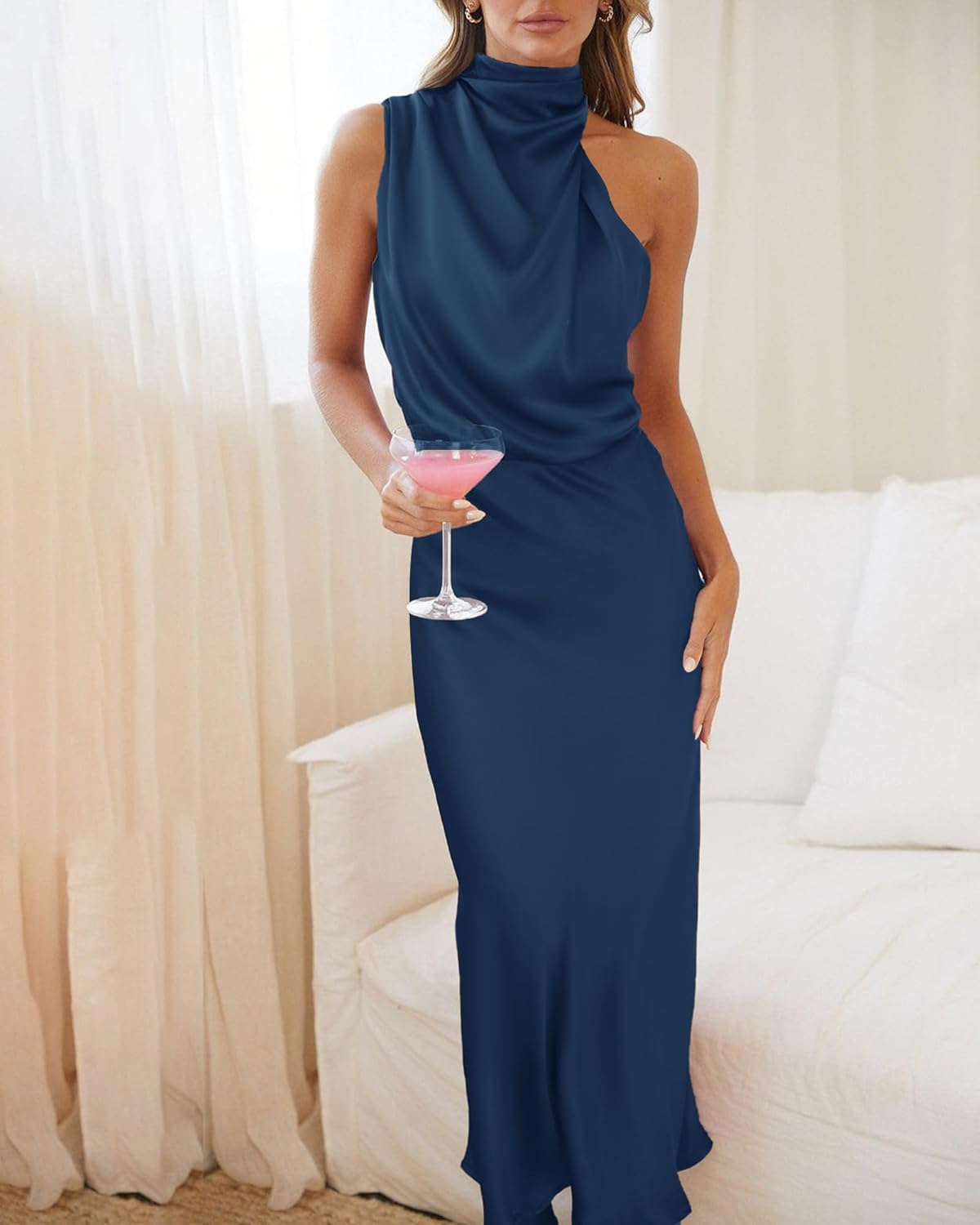 BTFBM Womens Sleeveless Cocktail Dresses Mock Neck Keyhole Elastic High Waist Evening Party Maxi Wedding Guest Dress